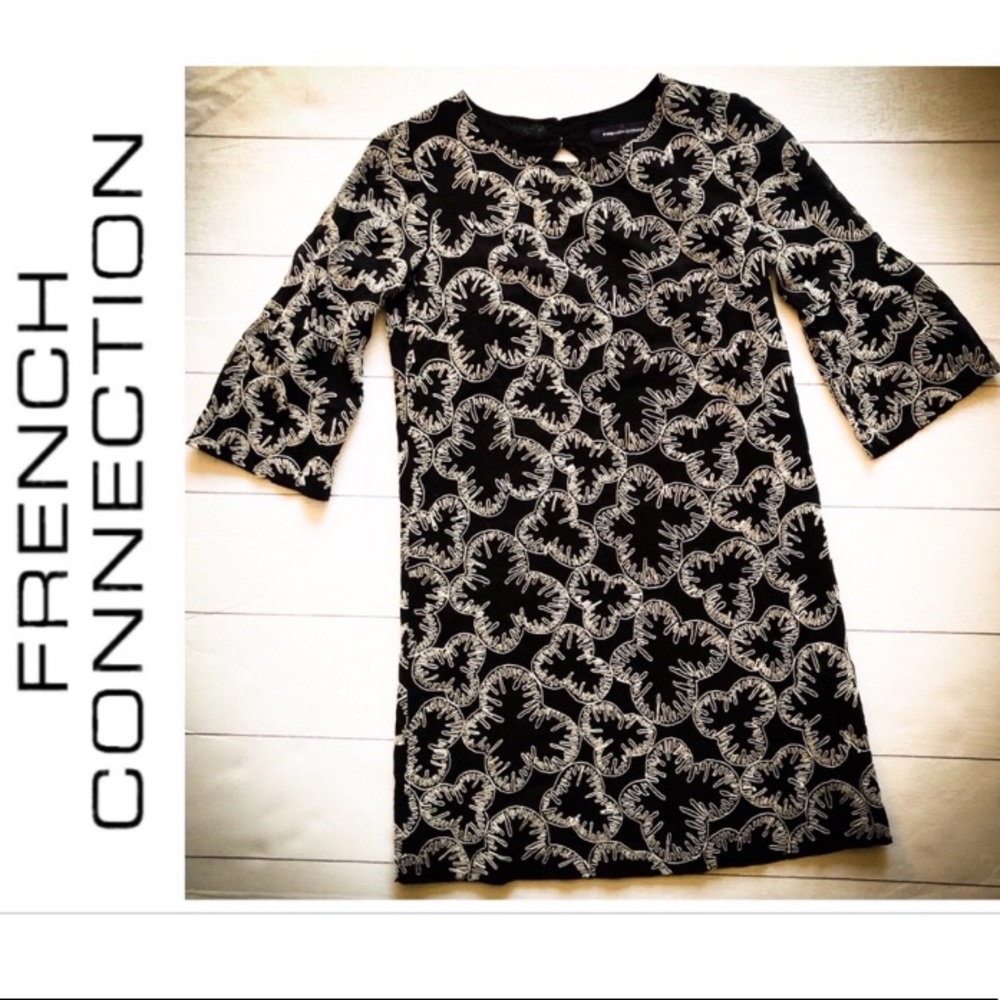 FRENCH CONNECTION Metallic Embroidered Shift Dress